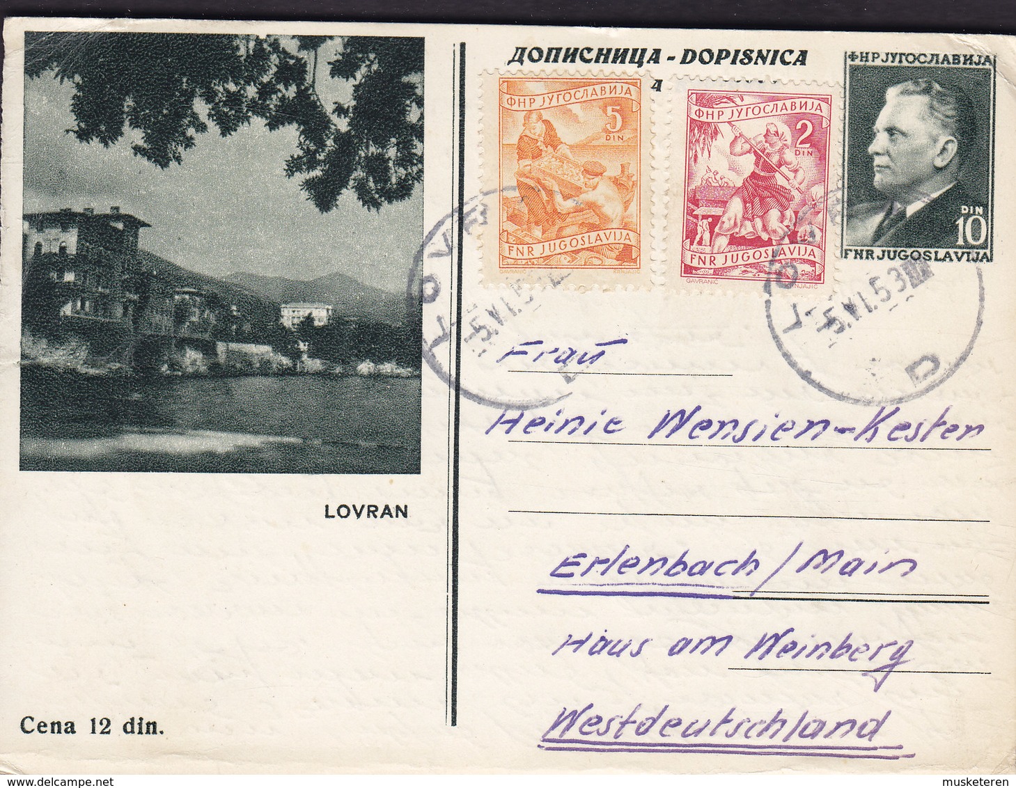 Yugoslavia Uprated Postal Stationery Ganzsache Entier LOVRAN Bildpostkarte LOVRAN 1953 ERLENBACH Germany (2 Scans) - Postal Stationery