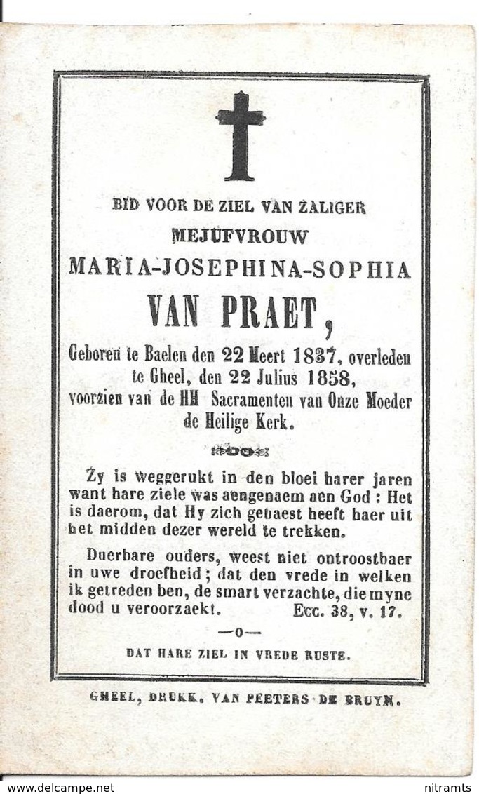 Gheel. Oud Doodsprentje. 1858. - Religion & Esotérisme