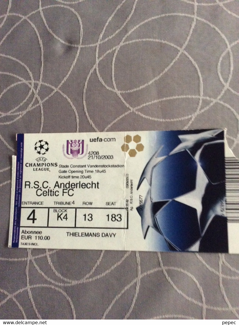 Anderlecht - Celtic. 21/10/2003 - Tickets D'entrée