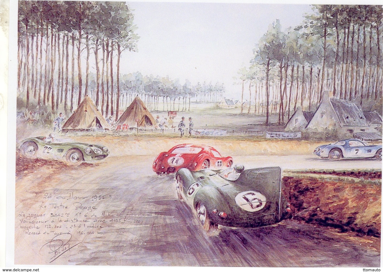 24 Heures Du Mans 1955 -  Virage Tertre Rouge - Jaguar D  - Pilote: Mike Hawthorn - Aquarelle Rob Roy - Carte 190x140mms - Le Mans