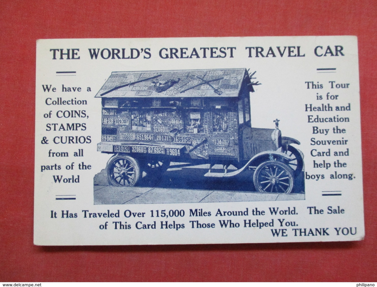 Blank Back-- World's Greatest Travel Car Traveled Over 115,000 Miles Around The World   Ref 3497 - Voitures De Tourisme