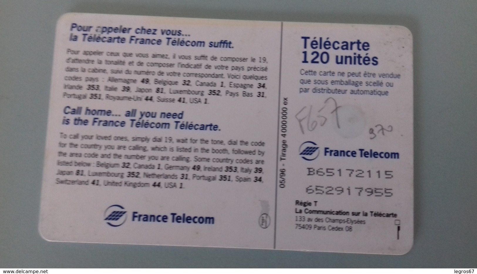 F 657 970   TELECARTE - CALL HOME 96 - 120 Units