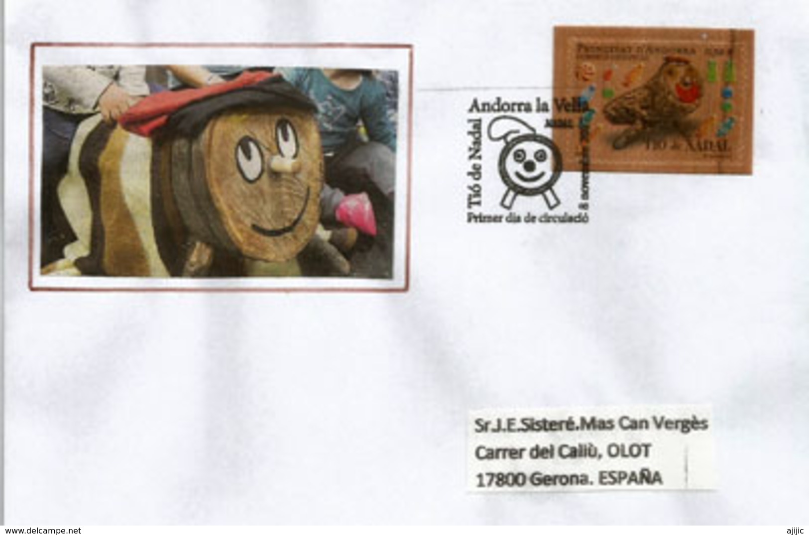 ANDORRA. Timbre En Bois.Tio De Nadal, (gateau Bûche De Noël) (Wood Paper Stamp) Lettre FDC Année 2017 - Covers & Documents