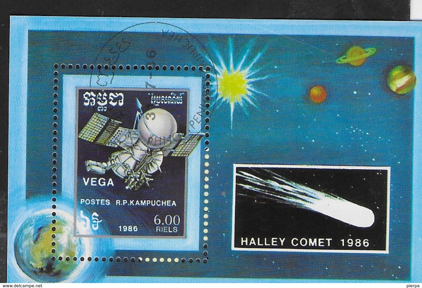 KAMPUCHEA - SATELLITE VEGA COMETA HALLEY 1986 - FOGLIETTO USATO ( YVERT BF 55 - MICHEL BL 148) - Asia