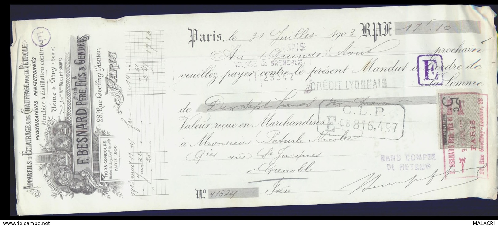 0-22127   1903 APPAREILS D ECLAIRAGE ET DE CHAUFFAGE POUR LE PETROLE F BESNARD PERE FILS ET GENDRE A PARIS - M. PATURLE - Lettres De Change