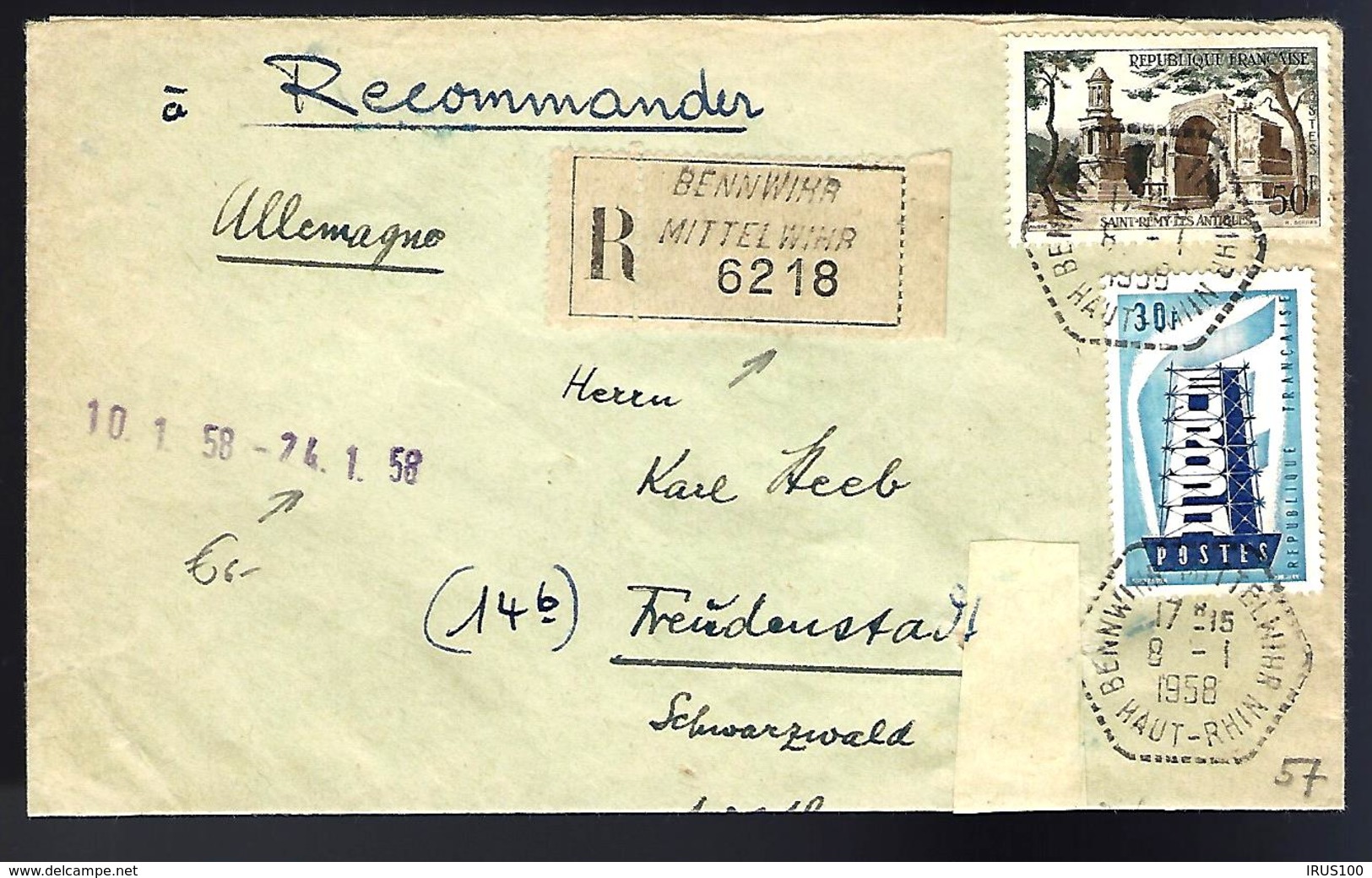 RECOMMANDÉ EN PROVENANCE DE BENNWIHR / MITTELWIHR - 1958 - POUR L'ALLEMAGNE - - Storia Postale