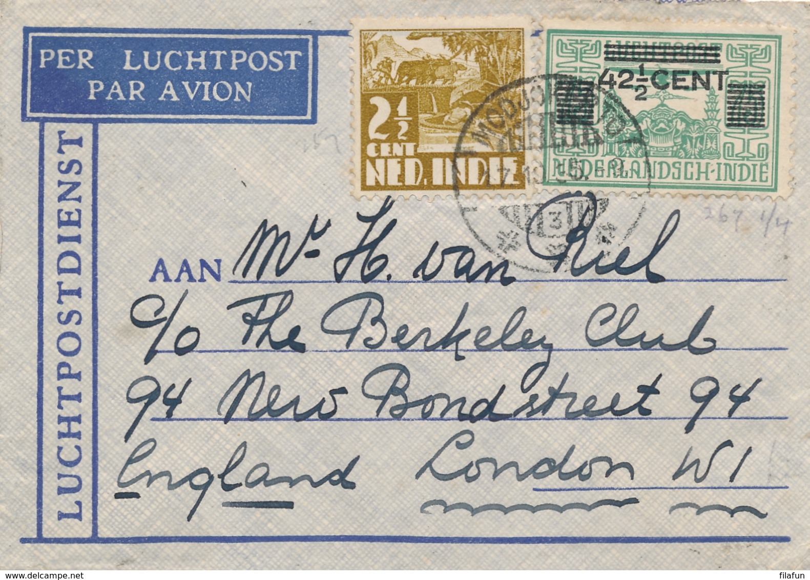 Nederlands Indië - 1935 - 42,5 Cent Opdruk Op LP-zegel + 2,5 Cent Op LP-briefje Van LBnr MODJOKERTO/3 Naar London / UK - Niederländisch-Indien