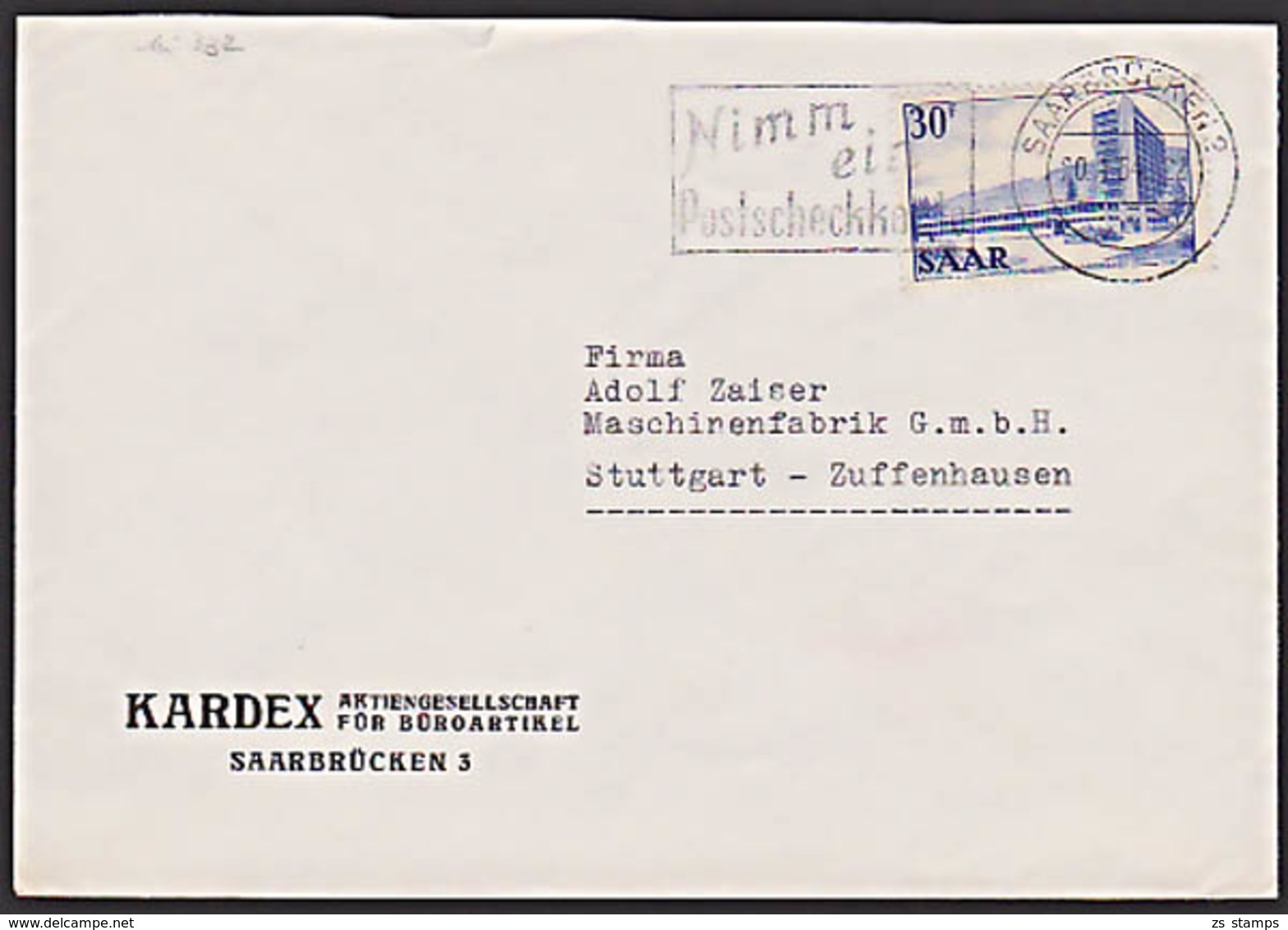 Sarre Saarland 332 Brief Mit 30 Fr. MWSt. Werbung 'Nimm Ein  Postscheckkonto ...' - Storia Postale