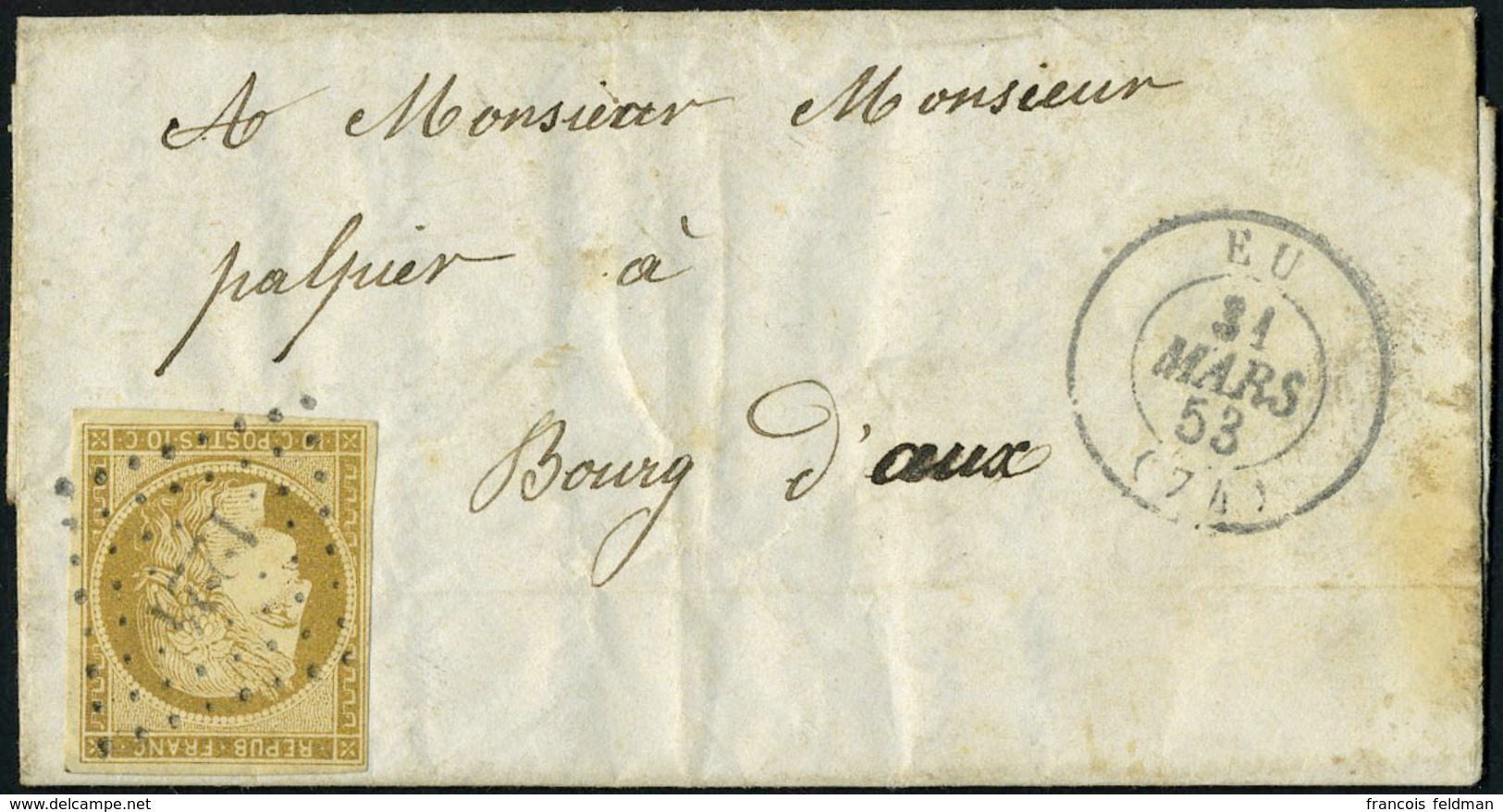 Lettre N° 1, 10c Bistre Obl PC Sur L + Cachet à Date EU 31 Mars 53, TB - Andere & Zonder Classificatie