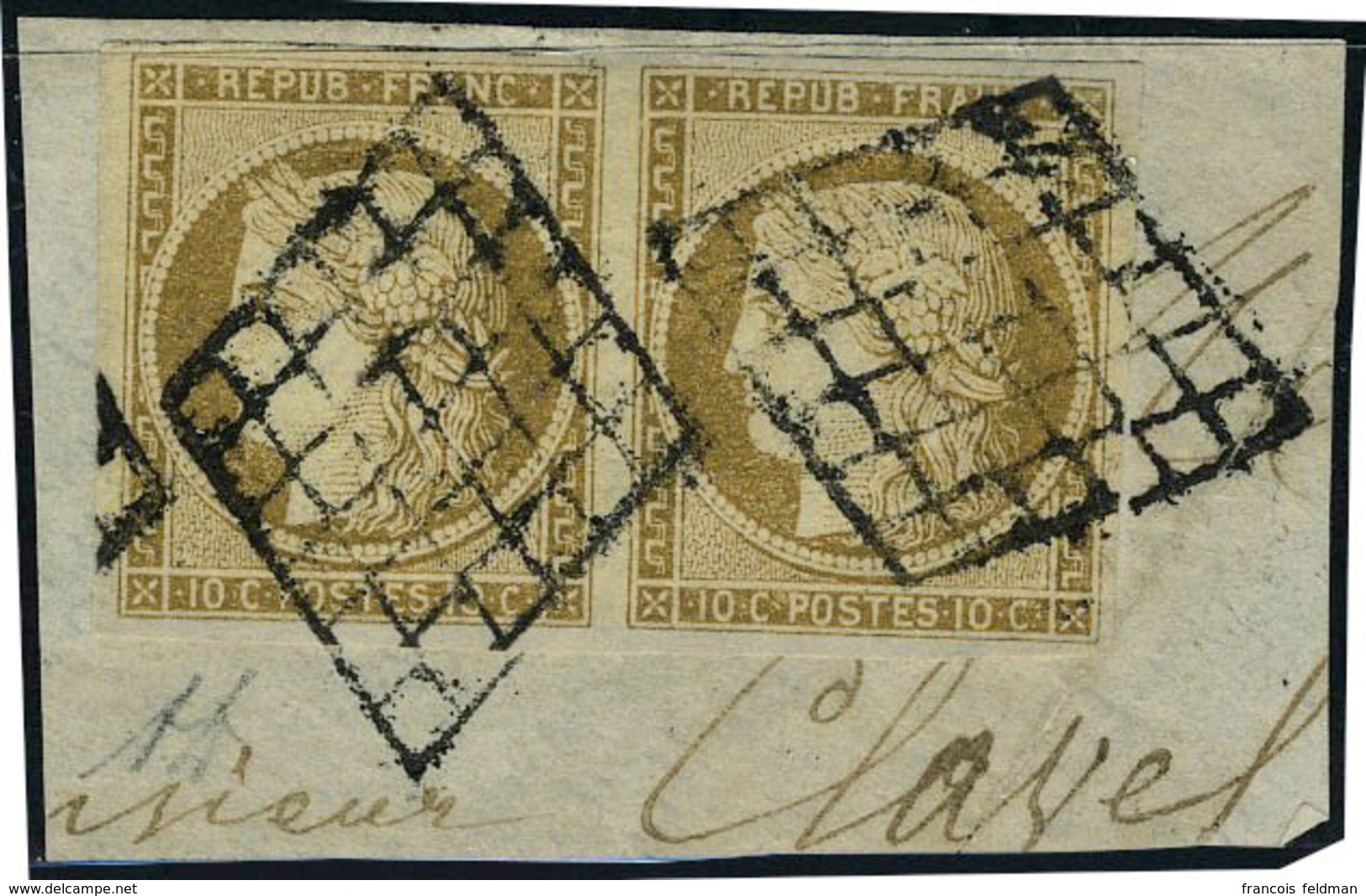 Fragment N° 1, 10c Bistre Paire Hor. Obl. Grille Sur Fragment, T.B. Signé Diéna - Sonstige & Ohne Zuordnung