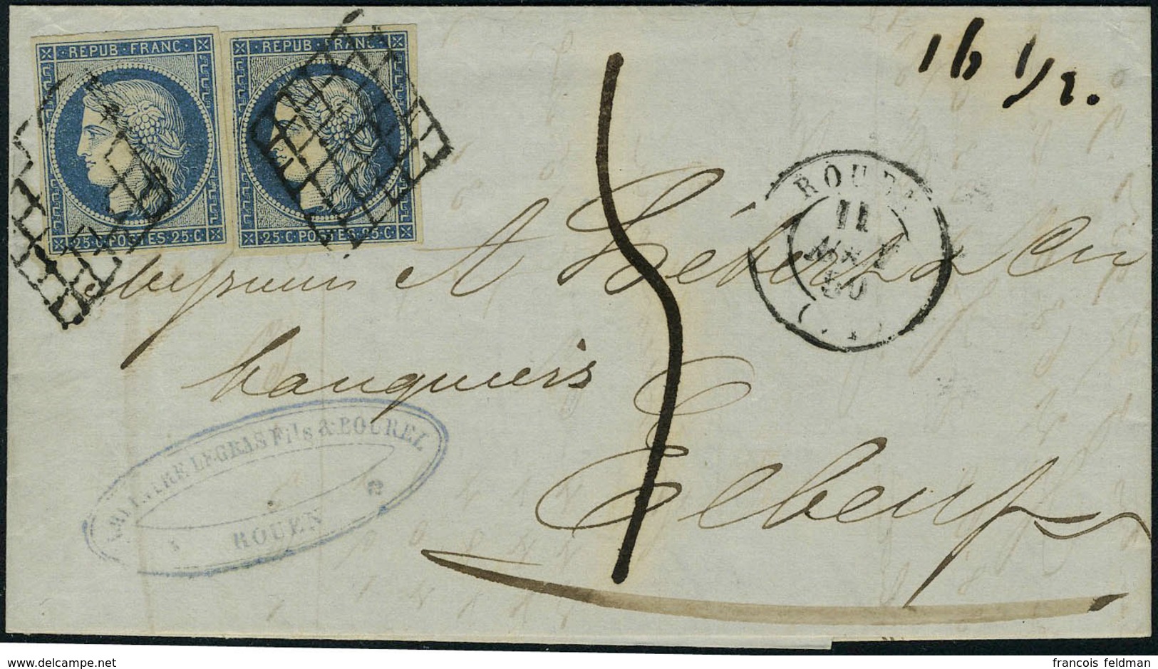 Lettre N° 4, 25c Bleu Cérès X 2ex Sur L De Rouen 11 Août 50 Pour Elbeuf, Taxe Manuscrite Pour Affranchissement Insuffisa - Other & Unclassified