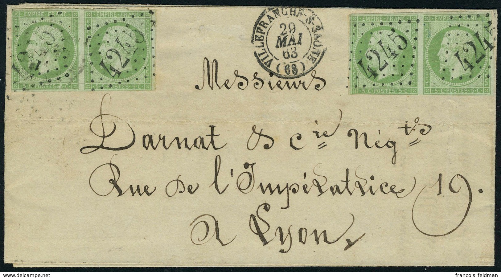 Lettre N° 12, 5c Vert 2 Paire (4ex) Sur L GC 4245 Villefranche Sur Saone 29 Mai 63 Pour LYon T.B. Affranchissement Rare - Otros & Sin Clasificación