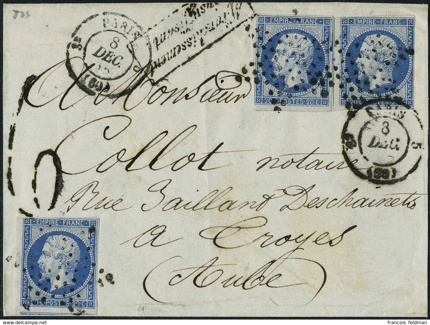 Lettre N° 14Aa, 20c Bleu Foncé X 3 Ex Sur L.  Paris 5.  8déc 55. Taxe 6 Et Cachet Affranchissement Insuffisant, Pour Tro - Altri & Non Classificati