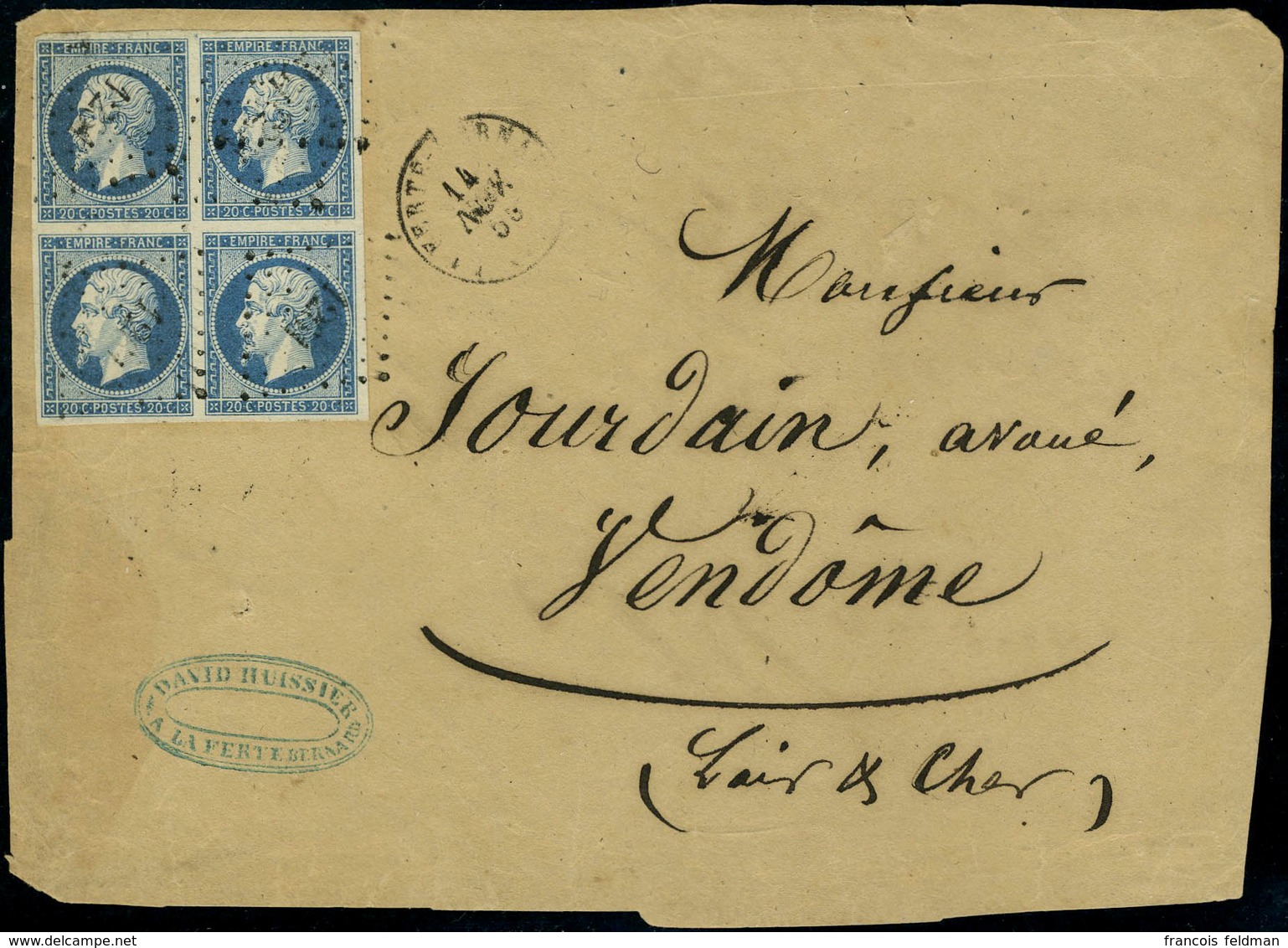 Lettre N° 14Aa, 20c Bleu Foncé, Bloc De 4 Sur Devant De Lettre, Obl Losange PC 1261, Càd La Ferté Bernard 14 Nov 55 Pour - Other & Unclassified