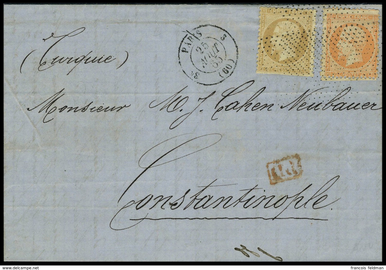 Lettre N° 21 + 24, 10 + 40c Obl Roulette De Pointillés Sur L Paris 25 Août 65 Pour Constantinople, Arrivée Au Verso 2 Se - Other & Unclassified