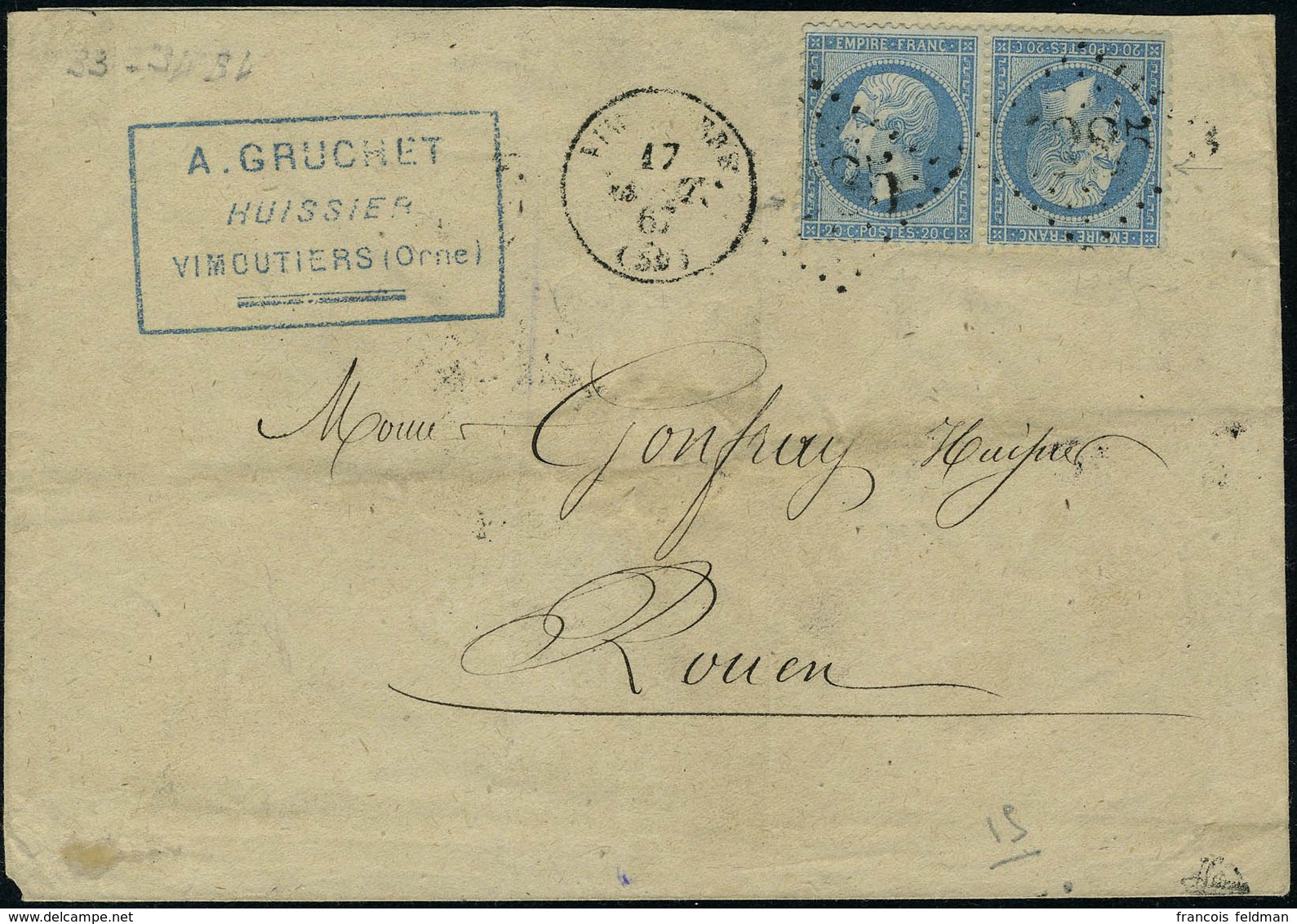 Lettre N° 22b, 20c + 20c, Paire Tête Bêche Sur L. Obl. GC 4285 Vimoutiers Pour Rouen, Excellent Centrage, Superbe, Signé - Autres & Non Classés