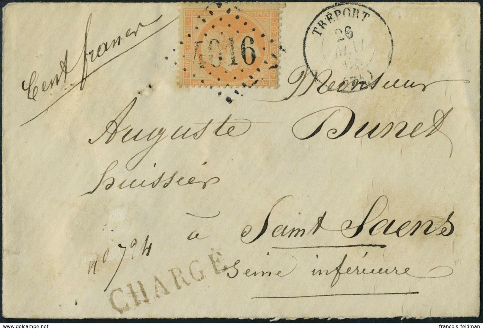 Lettre N° 23, 40c Orange Sur L Chargée 26 Mai 68 Le Tréport Pour St-Saens, T.B. - Other & Unclassified