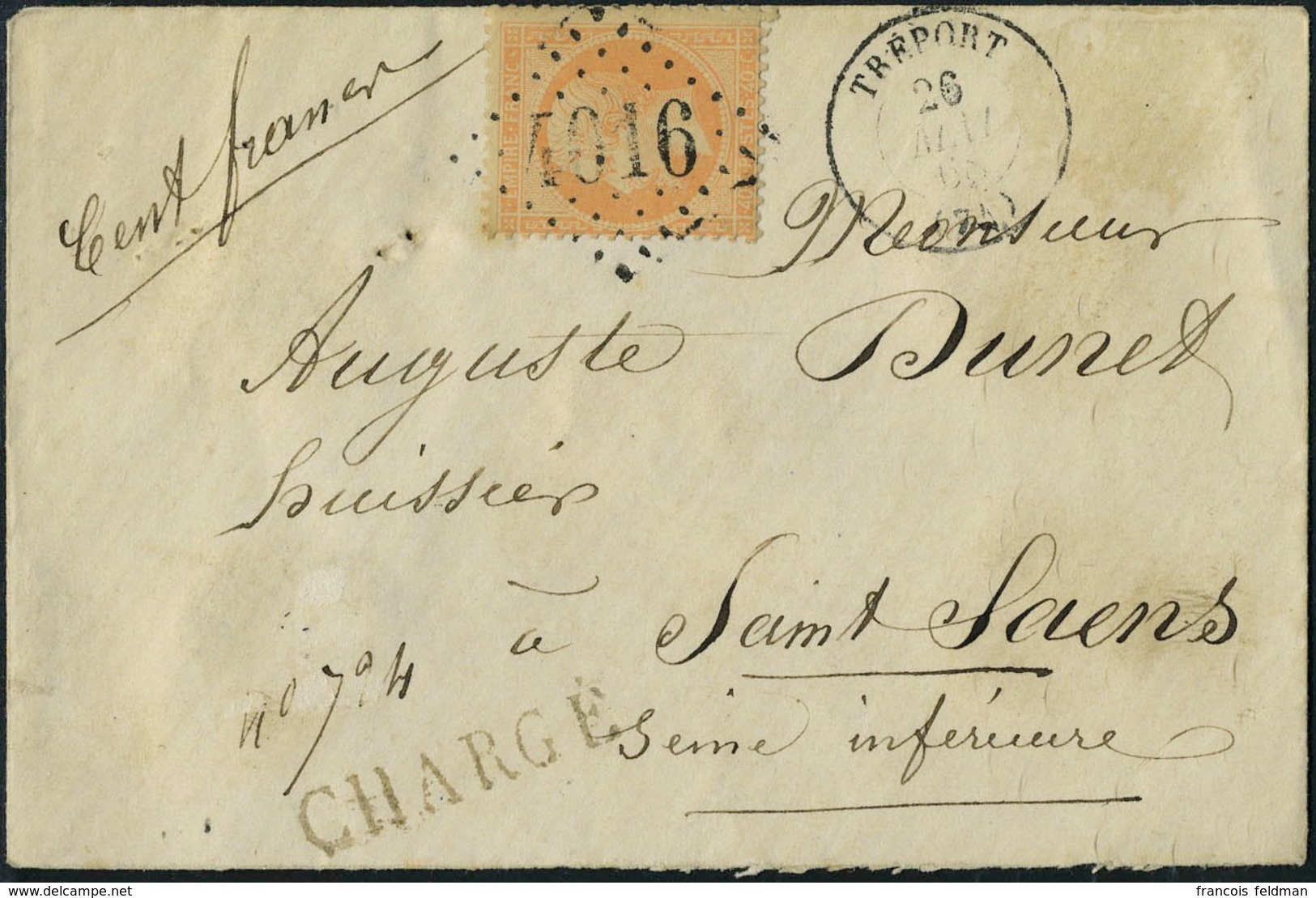 Lettre N° 23, 40c Orange Sur L Chargée 26 Mai 68 Le Tréport Pour St-Saens, T.B. - Altri & Non Classificati