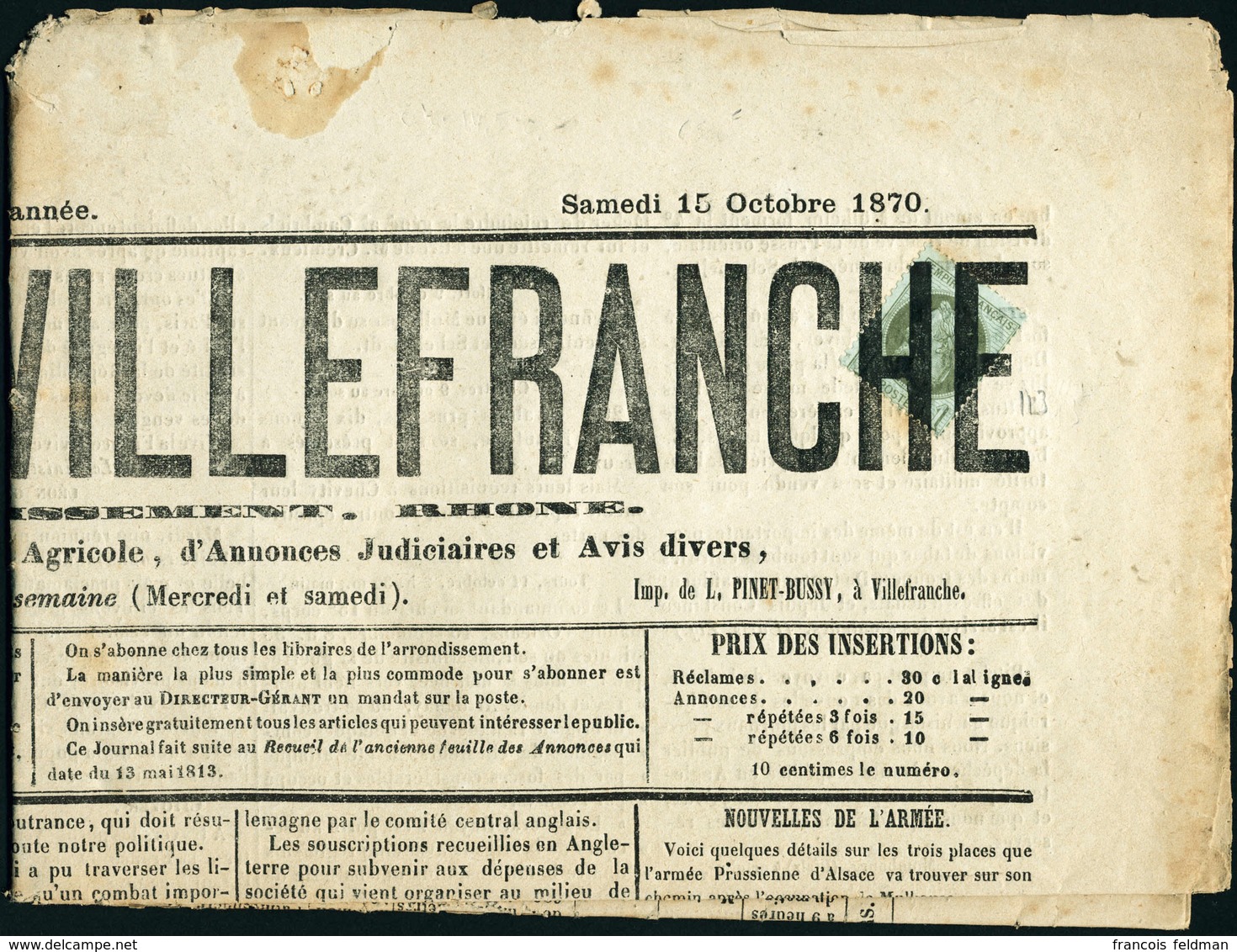 Lettre N°25. 1c Empire Lauré Seul S/journal Complet, Le Journal De Villefranche Du 15 Octobre 1870. Timbre T.B., Journal - Other & Unclassified