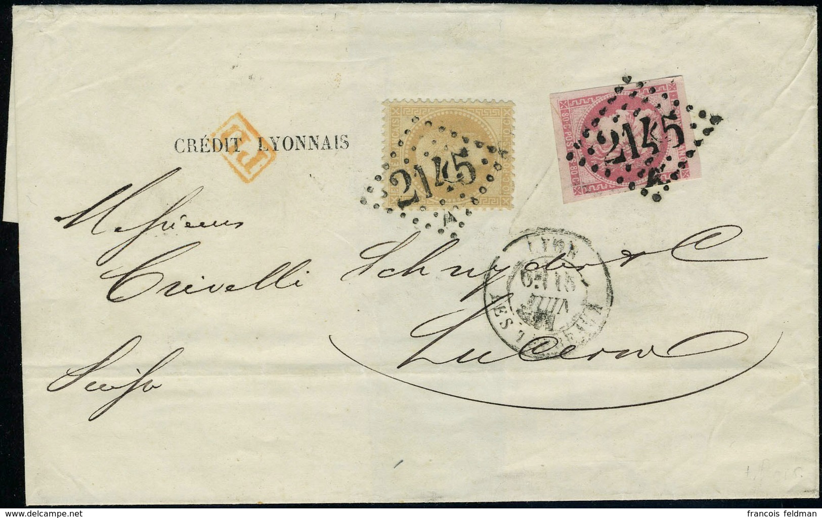 Lettre N° 28 + 49, 10c Napoléon Lauré + 80c Bordeaux Obl 2145 Pour Lucerne Suisse, Affranchissement Rare, TB Signé + Cer - Autres & Non Classés