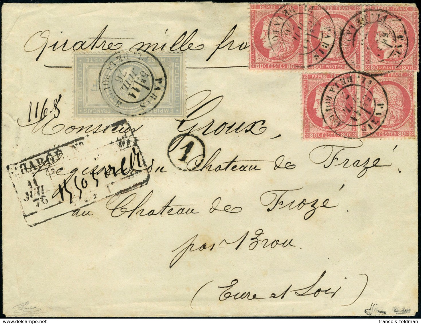 Lettre N° 33, 5f + 80c (N°57) X 5 Ex. Affranchis à 9F,s/L Chargée à 4000F Obl Paris Rue De La Bourse 11 Juil 76 Pour L'E - Otros & Sin Clasificación