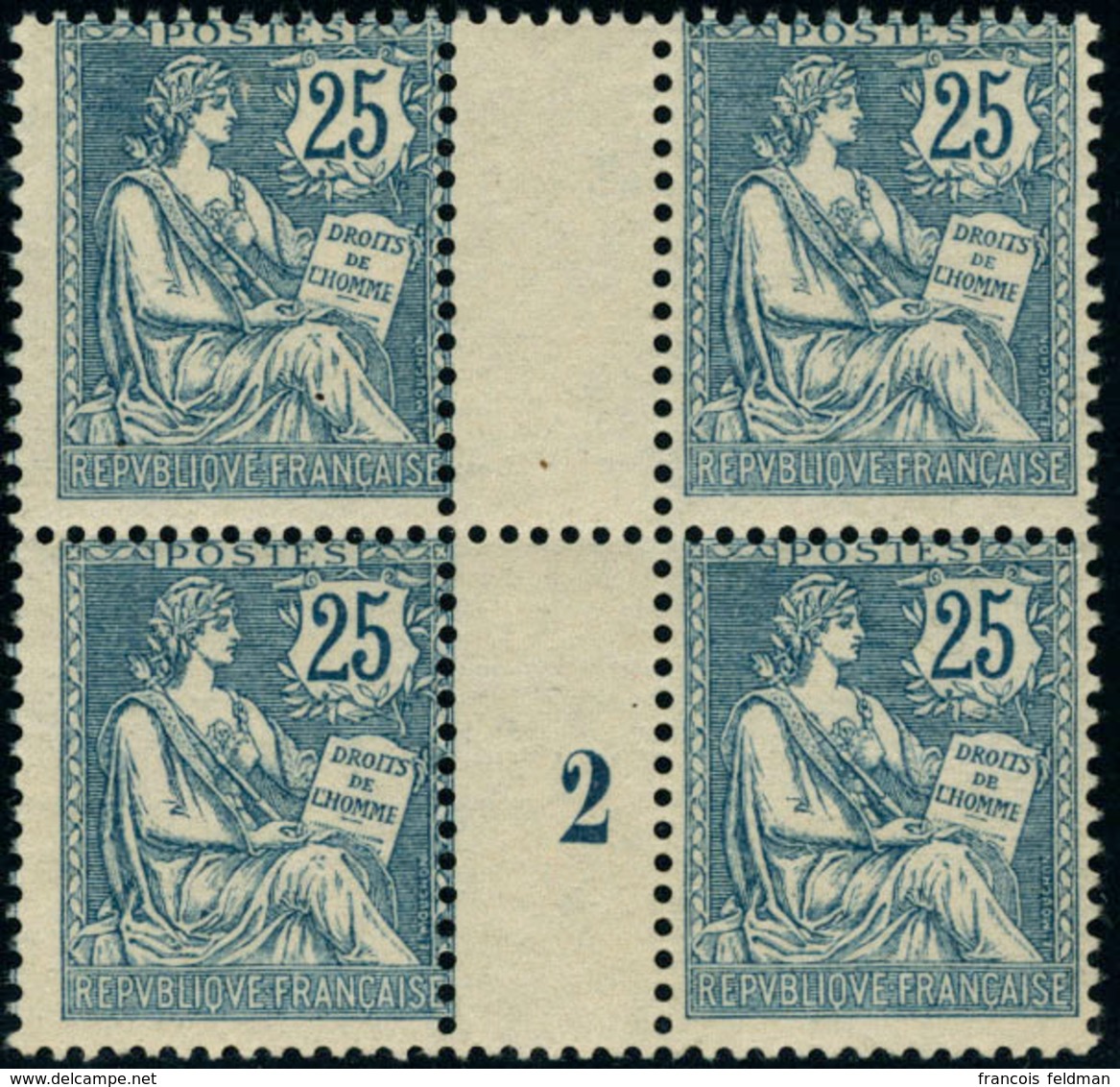 Neuf Sans Charnière N°127. 25c Bleu. Mouchon Retouché. Bloc De 4. Millésime 2. T.B. - Other & Unclassified