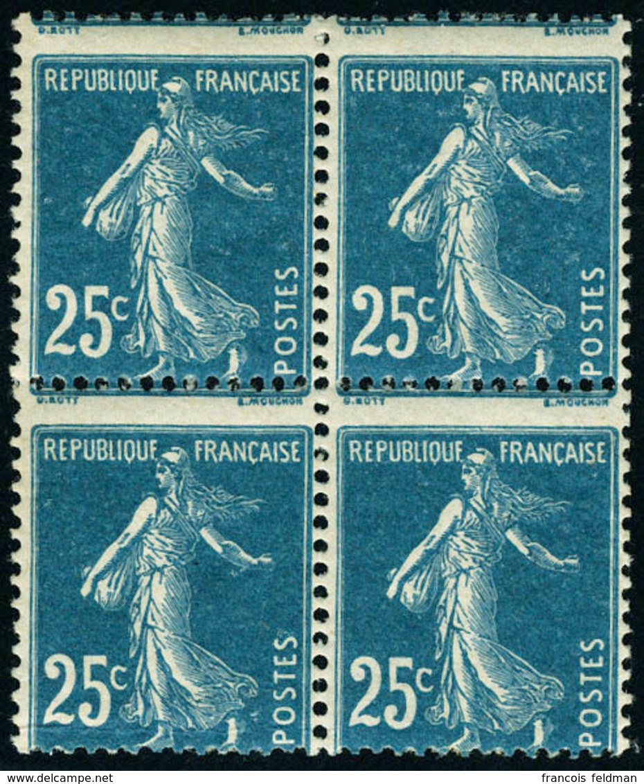 Neuf Sans Charnière N° 140, 25c Bleu Semeuse, Bloc De 4, Piquage à Cheval, T.B. - Autres & Non Classés