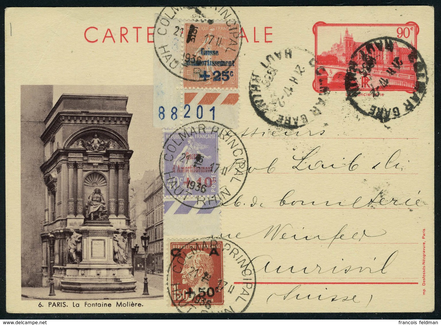 Lettre N° 249, 250 Et 255 Sur EP (Fontaine Molière), 90c Rouge Vue De Paris Sans République Française, De Colmar 17.2.36 - Otros & Sin Clasificación