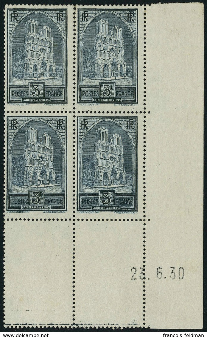 Neuf Sans Gomme N° 259b, 3f Cathédrale De Reims, Type III Bloc De 4 Coin Daté 23.6.30 T.B. Signé Brun - Other & Unclassified