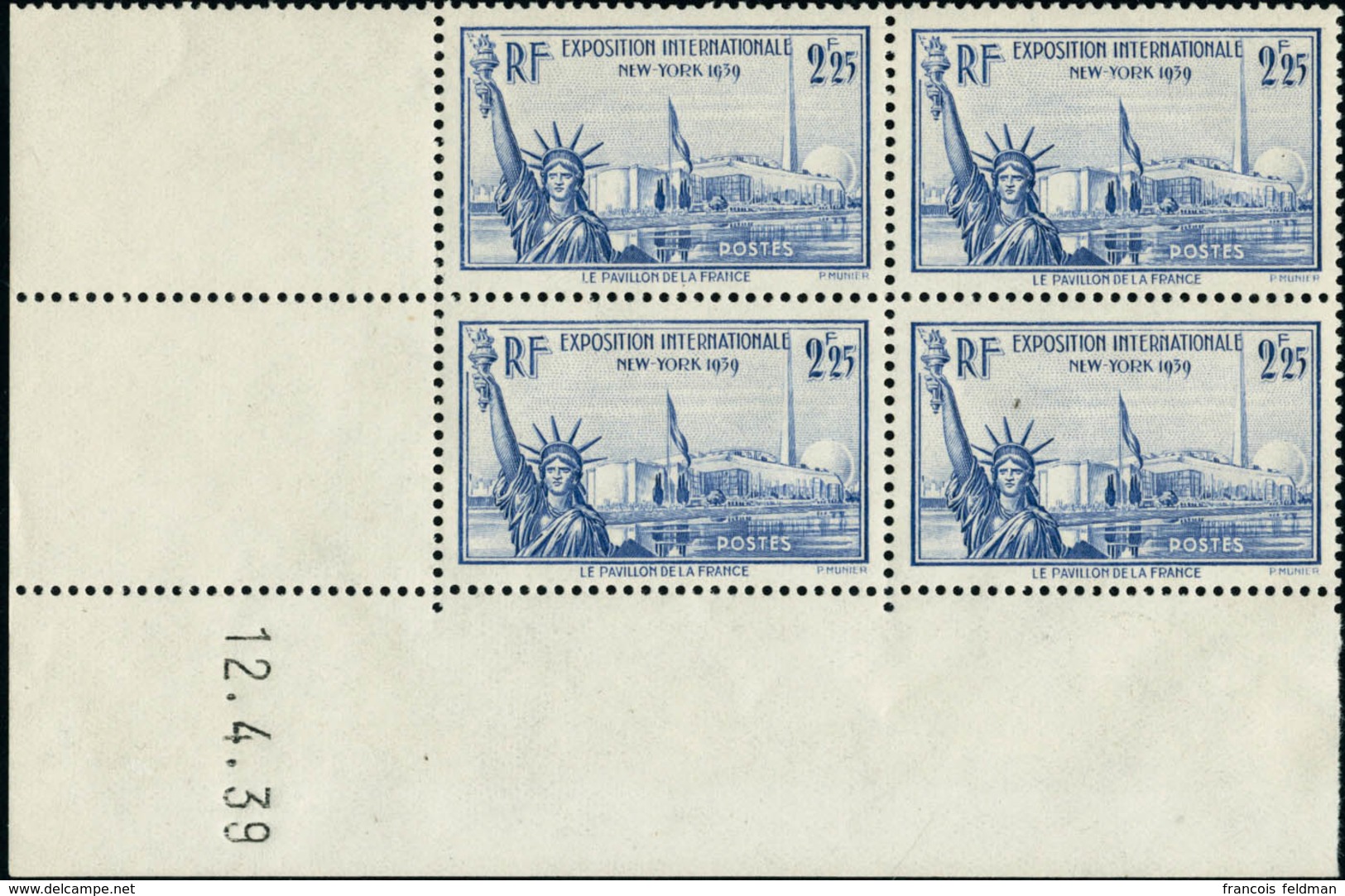 Neuf Sans Charnière N°426. 2f25 Exposition De New-York. 3 Blocs De 4ex. Coin Daté : 7.4, 11.4 Et 12.4.39. T.B. - Other & Unclassified