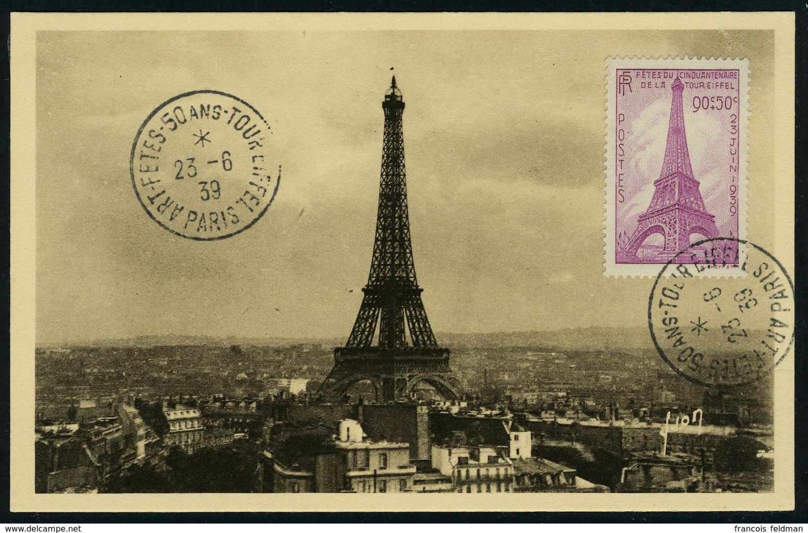 N° 429, 90 + 50 Tour Eiffel Sur CM Obl 50 Ans 23.6.39. T.B. - Other & Unclassified