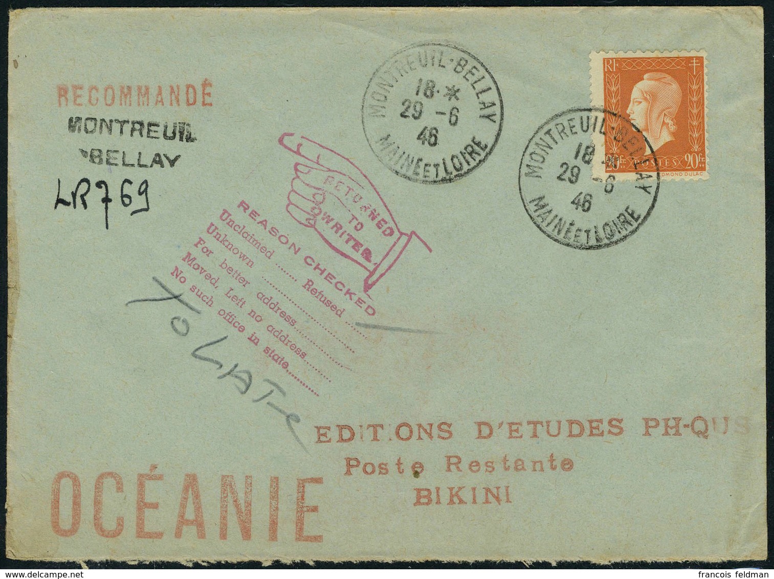 Lettre N° 700,20f Dulac Sur LR De Montreuil Bellay 29.6.46, A Destination De Bikini, Au Verso Divers Càd De Transit De N - Other & Unclassified