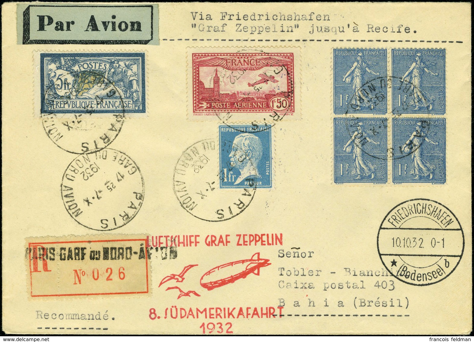 Lettre Zeppelin 8.S.A.F. 1932, LR De Paris (7.X.32), Affranchissement Composé, Càd De Transit Friedrichshafen 10.10.32 P - Other & Unclassified