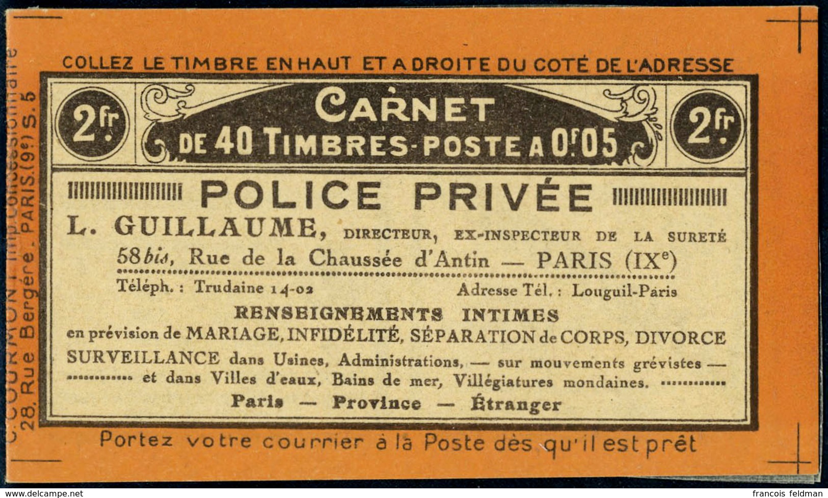 Neuf Sans Charnière N° 158-C2, 5c Orange Semeuse, Carnet De 40 T. Avec Pub Sur Couverture, S.5, TB - Other & Unclassified