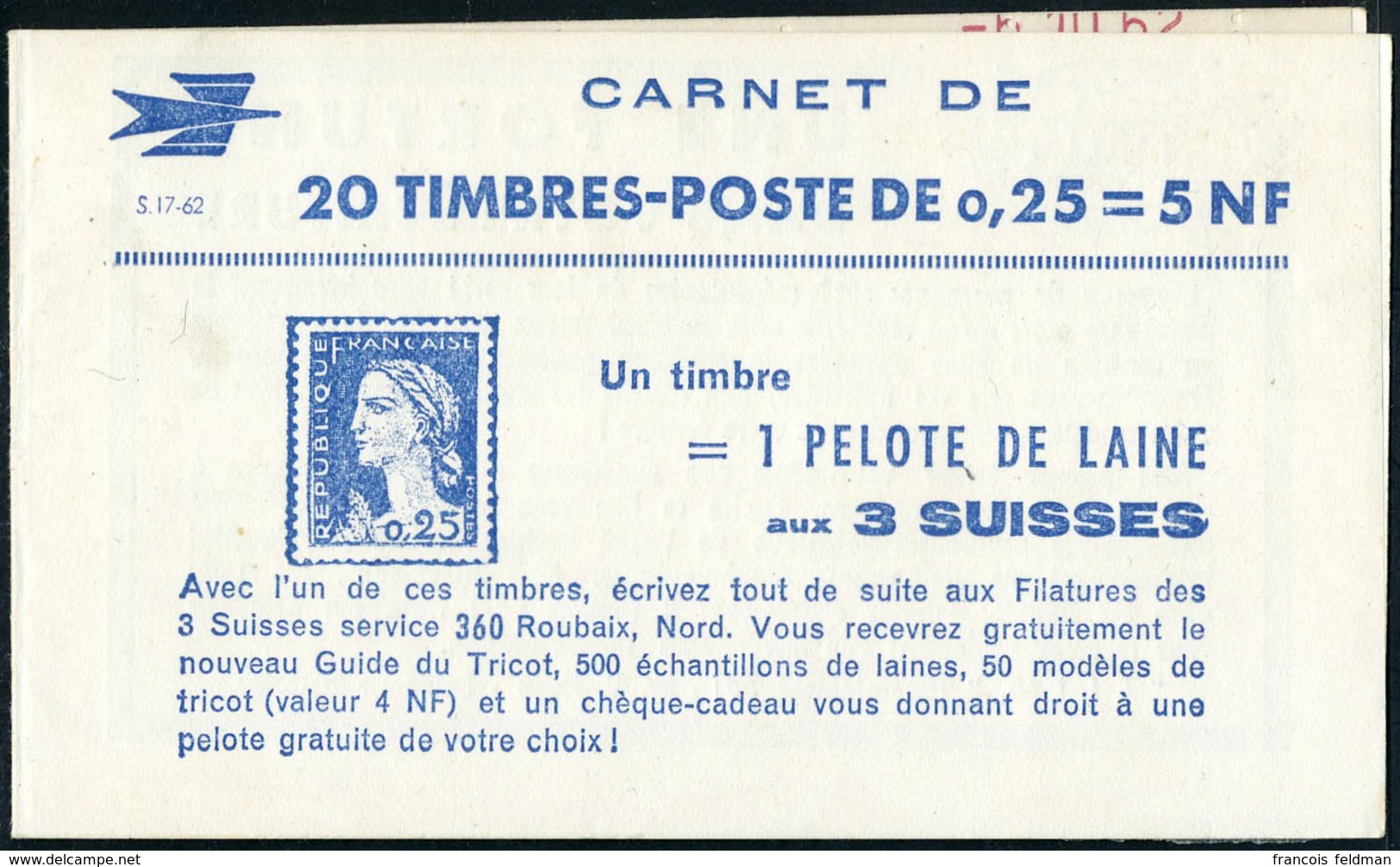 Neuf Sans Charnière N° 1263-C3, 0,25f Marianne De Decaris, Carnet De 20 T., S.17-62, N° Et C.D. (6.10.62) En Haut, TB - Autres & Non Classés