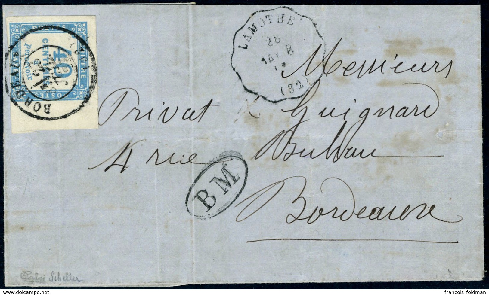 Lettre N° 7, 40c Bleu Bdf S/L De Lamothe Taxée à 40c à L'arrivée à Bordeaux, TB, Rare, Signé Calves - Other & Unclassified