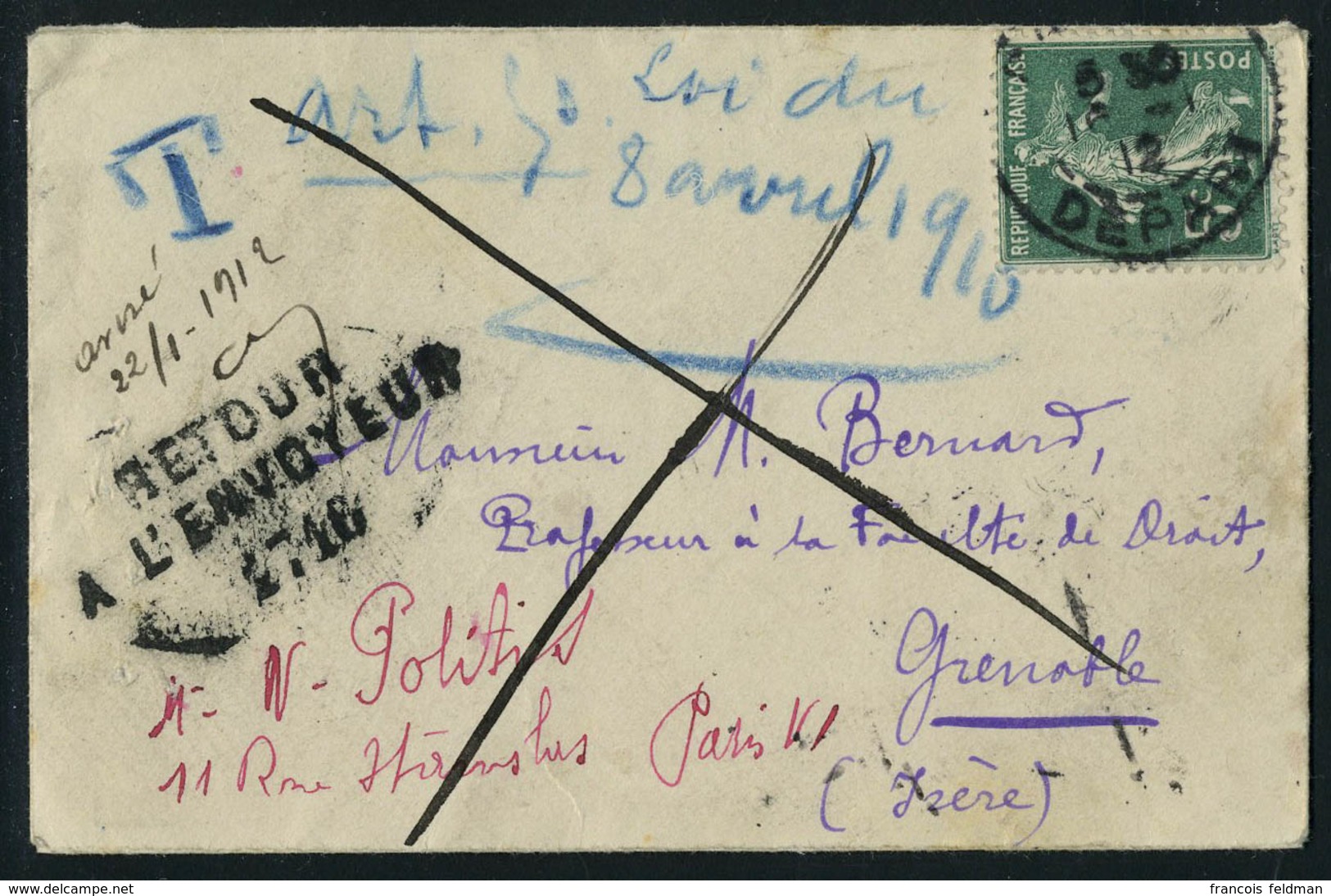 Lettre N° 137 Oblitéré Paris Départ 1912, Sur Enveloppe Avec Carte De Visite Taxée 2 Fois à 2f10 Taxe N° 29 + 41, En Ver - Other & Unclassified