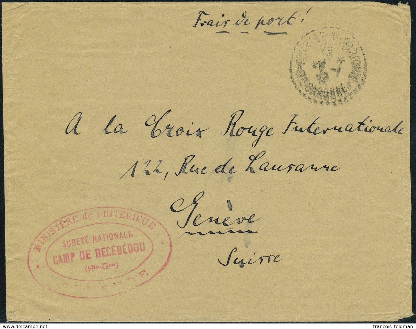 Lettre L. Mention Frais De Port, Càd Recebedou 28.1.42 Cachet Rouge Camp De Récébédou Pour Genève TB - Other & Unclassified