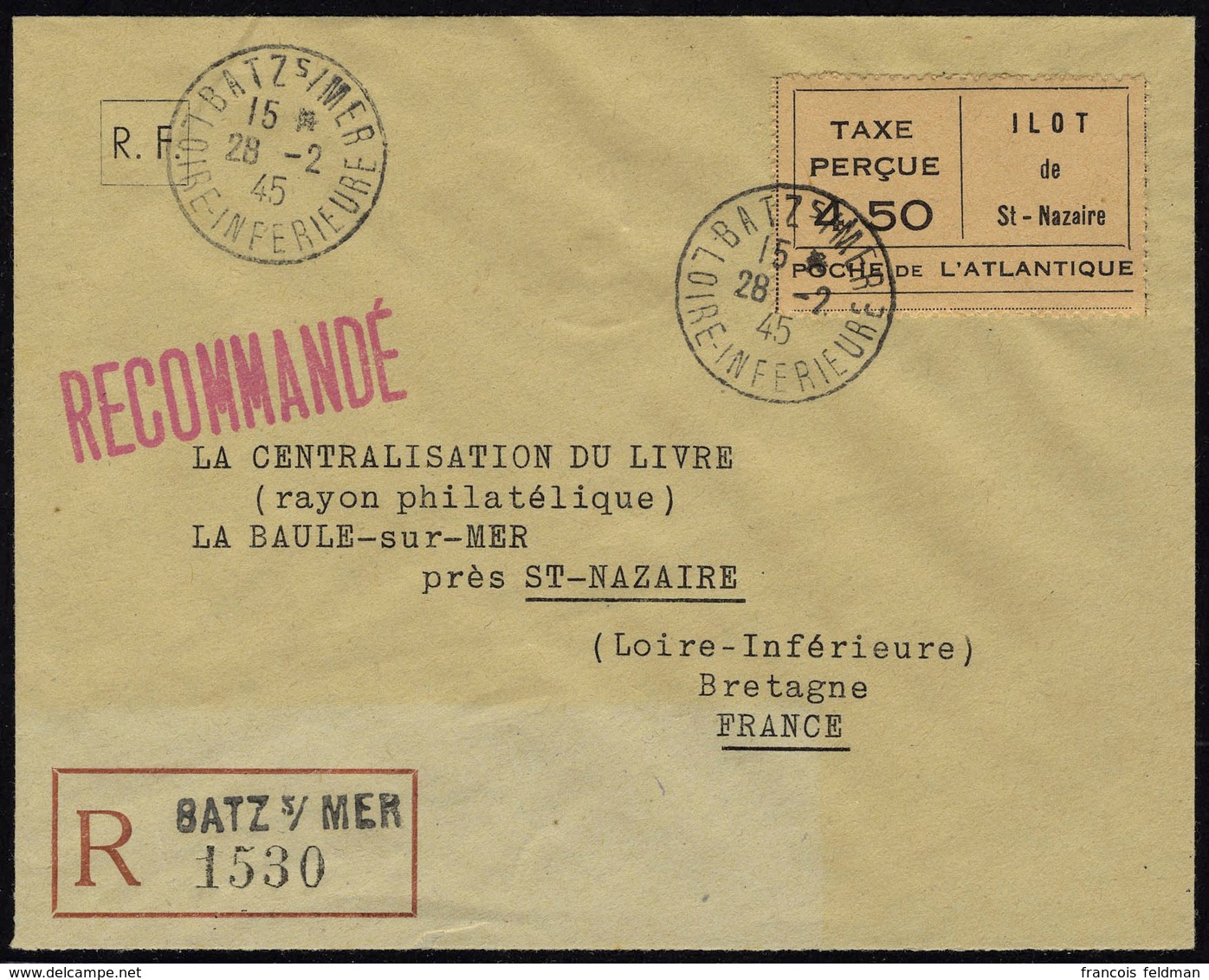 Lettre Ilot De St Nazaire, Mayer N° 5, Vignette Taxe Perçue 4f50 Noir Sur Saumon, Sur LR Càd Bat. 2 Sur Mer 28.2.45. Pou - Other & Unclassified