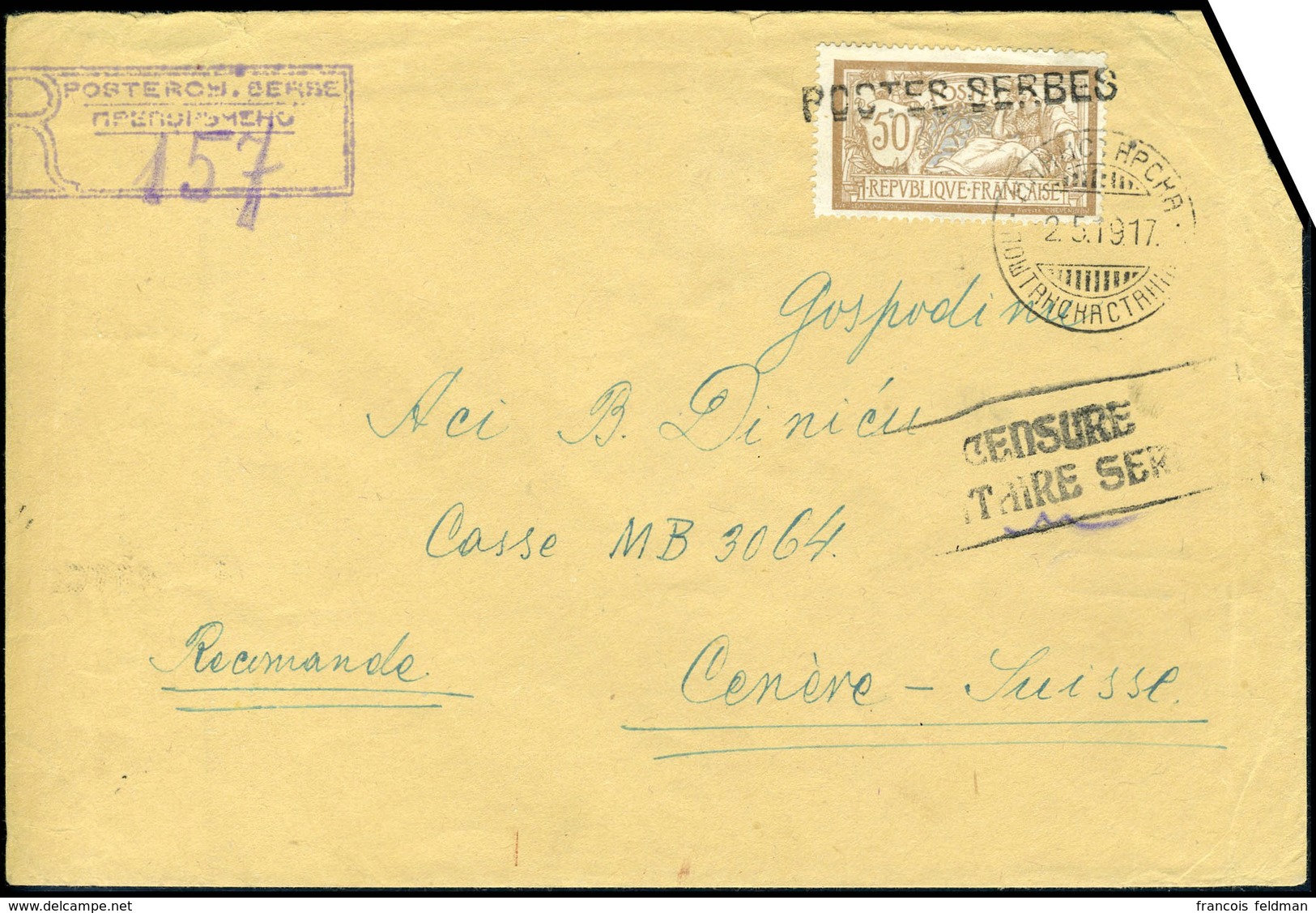 Lettre N° 13, 50c Merson S/LR Du 2.5.1917, Cachet De Censure Militaire Serbe, Pour Genève, TB - Other & Unclassified