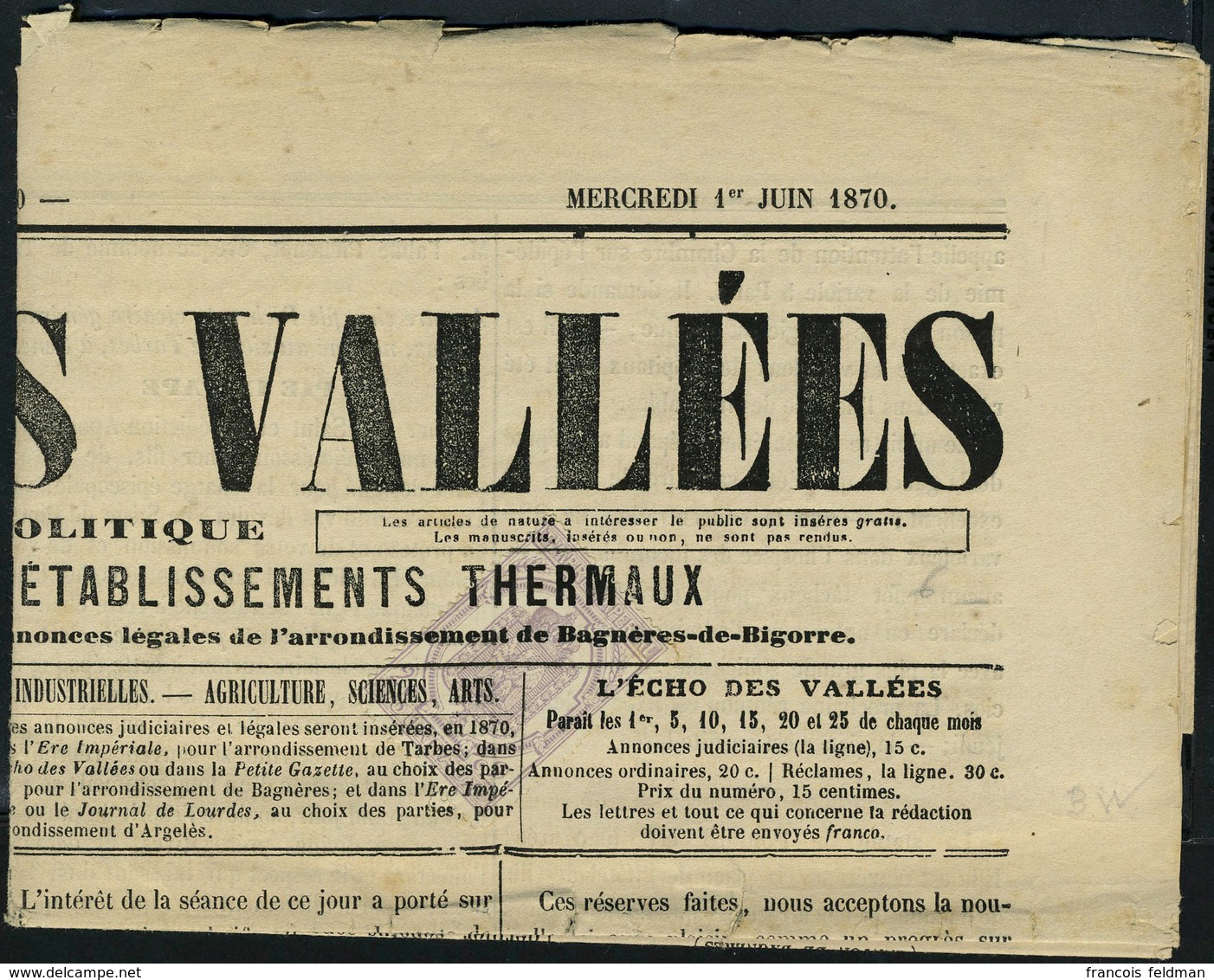 Lettre N° 7, 2c Violet Obl  Typo Sur Journal L'Echos Des Vallées, T.B. - Other & Unclassified