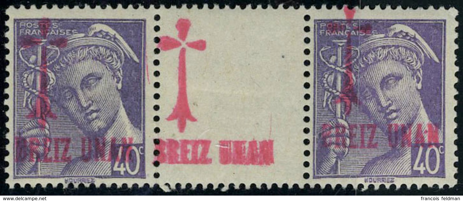 Neuf Sans Charnière BRETAGNE (Breiz Unan) N° 3 40c Mercure Paire Hor.  Interpanneau, Surcharge Rouge Sur Les Timbres Et  - Other & Unclassified