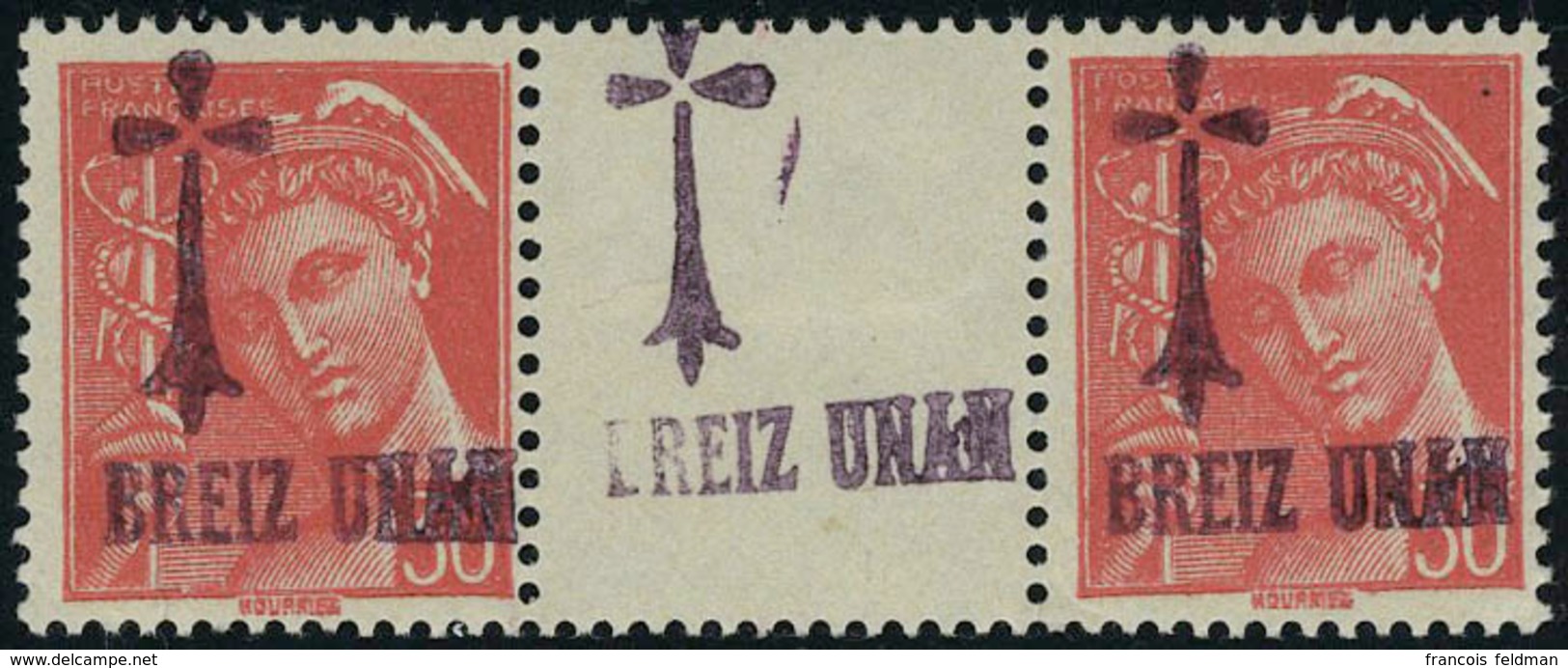 Neuf Sans Charnière BRETAGNE (Breiz Unan), N° 2, 30c Mercure, Paire Hor, Interpanneau, Surcharge Noire Les Les Timbres E - Other & Unclassified