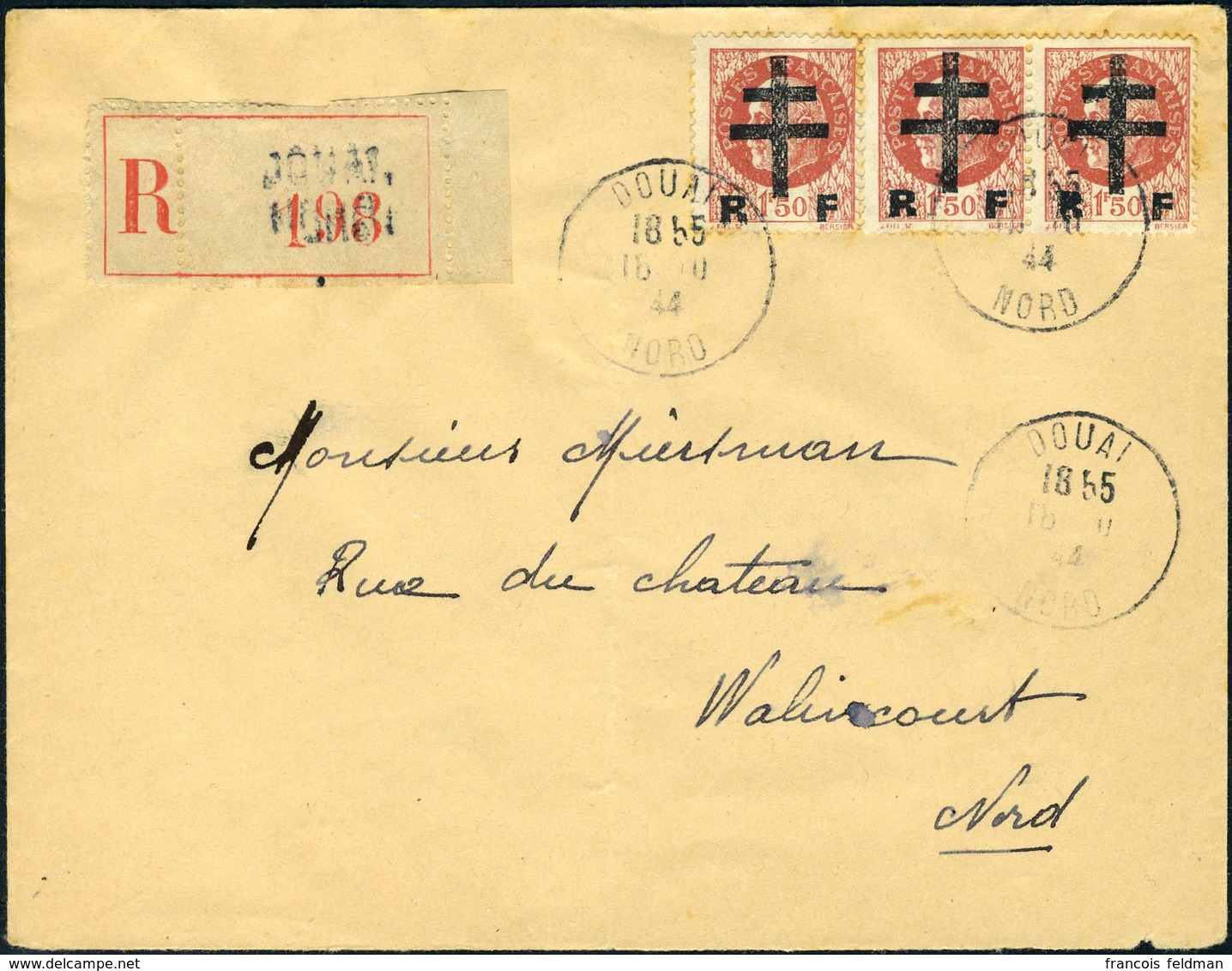 Lettre DOUAI, Mayer N° 6, 1f50 Brun-rouge, Bande Horizontale De 3 Ex S/LR Du 18.10.44 Pour Walincourt - Arrivée Le 20.10 - Other & Unclassified