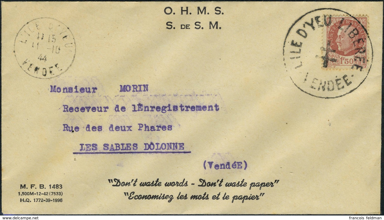 Lettre L'ILE D'YEU, N° 4,  1.50 Pétain Brun Rouge Sur L Càd L'Ile D'Yeu 11.10.44 Pour Les Sables D'Olonne, TB - Other & Unclassified
