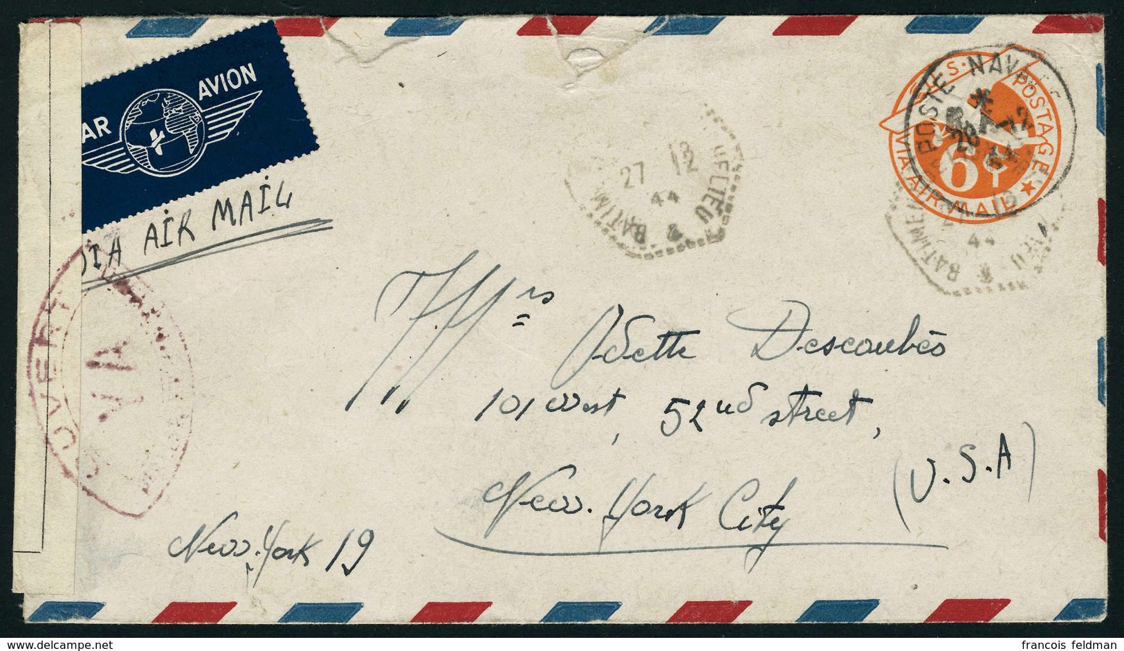 Lettre Entier Postal US 6c Orange, Càd Bâtiment De Ligne Richelieu 27.12.44 Et Poste Navale 28.12.44, Pour New York, Ban - Other & Unclassified