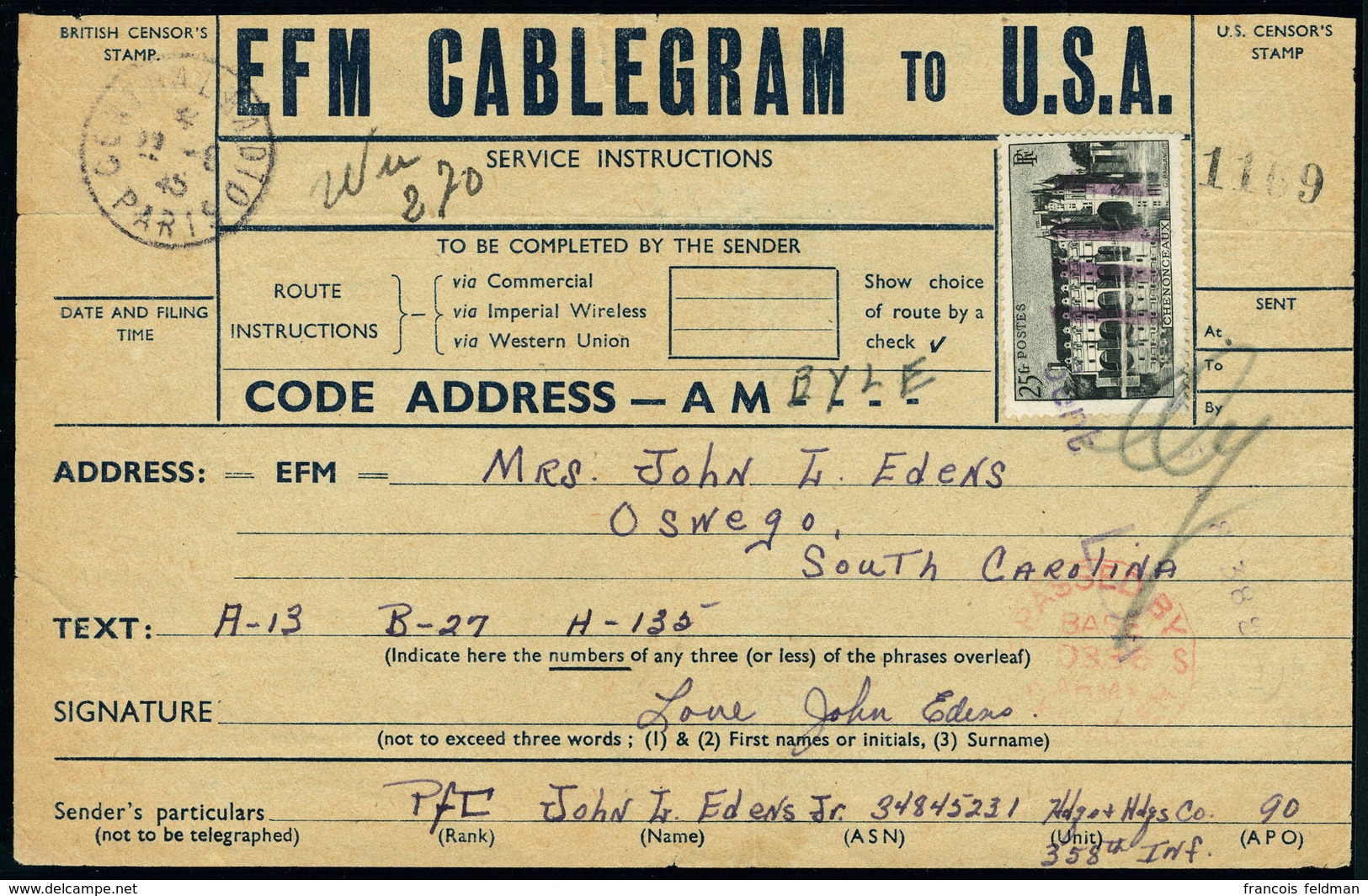 Lettre Timbre De France N° 611 Sur Formule Télégraphique (EFM Cablegram To USA), à Gauche Càd Français Central Radio Par - Sonstige & Ohne Zuordnung