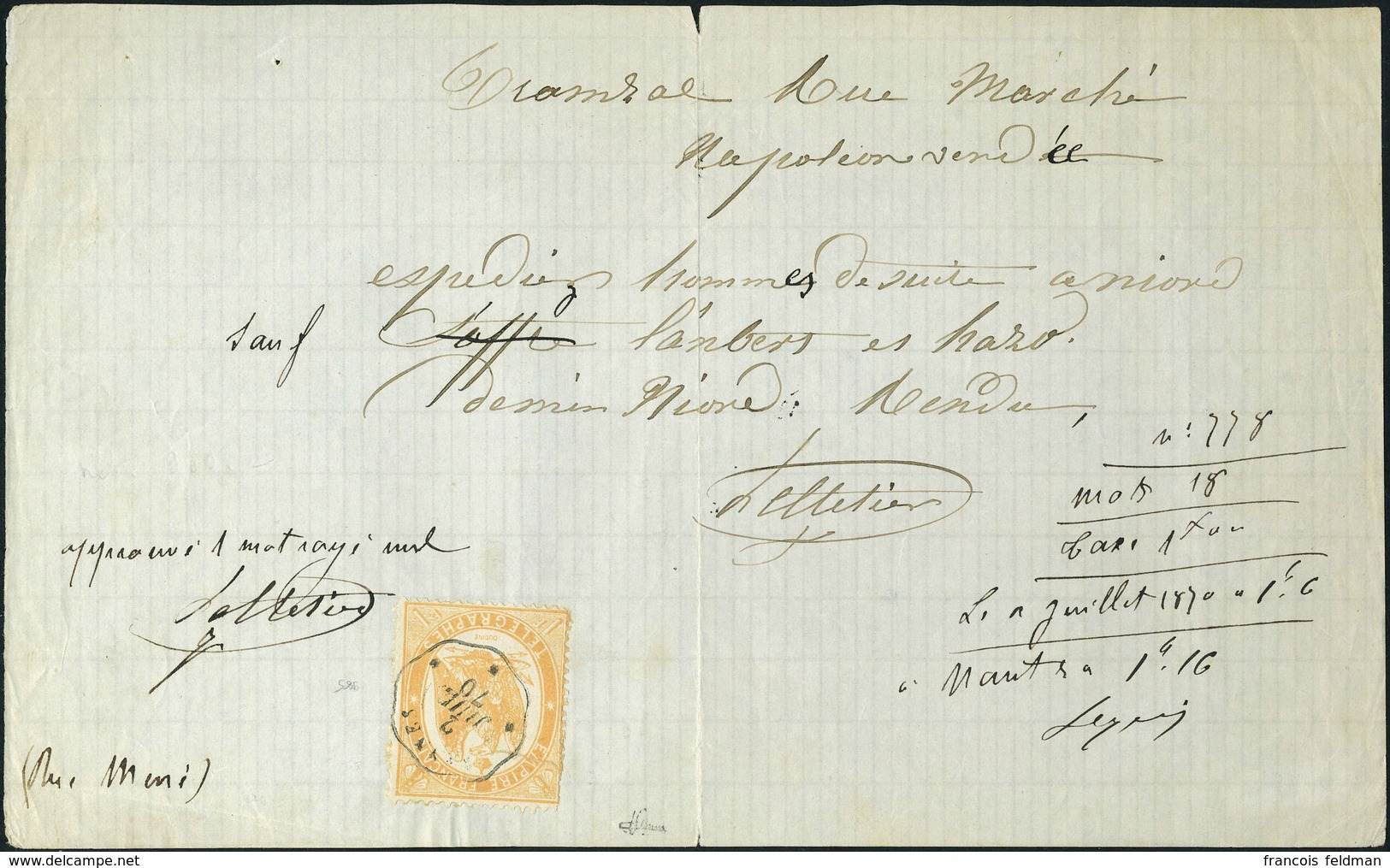 Lettre N° 7, 1f Orange Obl Rennes 2 Juill 1870 Sur Télégramme Privé TB Rare, Signé Brun - Other & Unclassified