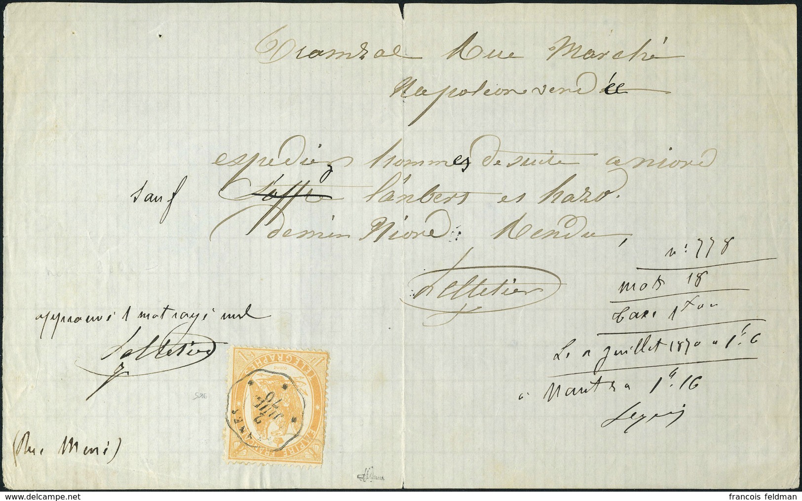 Lettre N° 7, 1f Orange Obl Rennes 2 Juill 1870 Sur Télégramme Privé TB Rare, Signé Brun - Autres & Non Classés