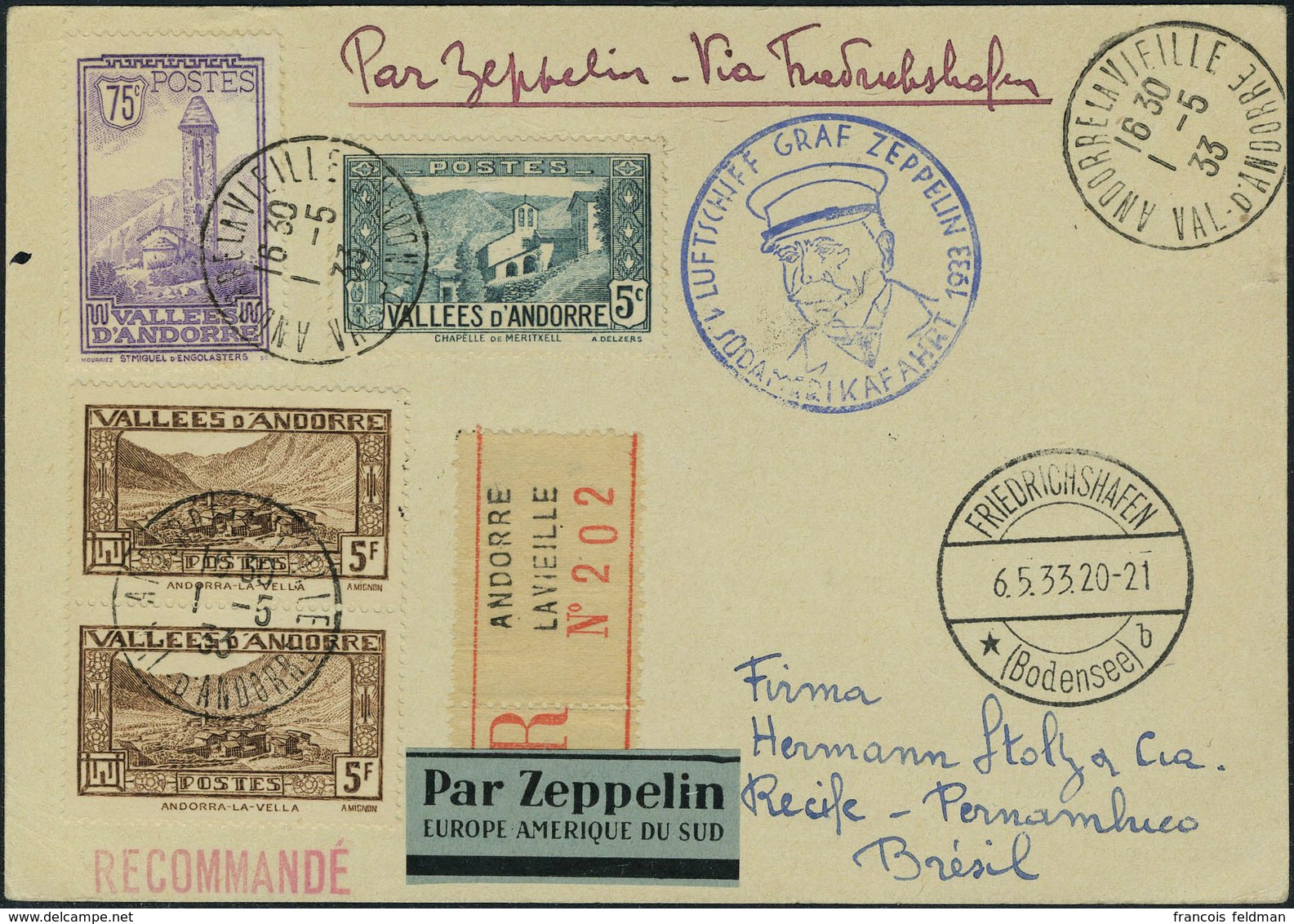 Lettre Zeppelin 1 SAF 1933, CP Recom. Càd Andorre La Vieille 1.5.33 Cachet Bleu Du Vol, Càd De Transit Friedrichshafen 6 - Other & Unclassified